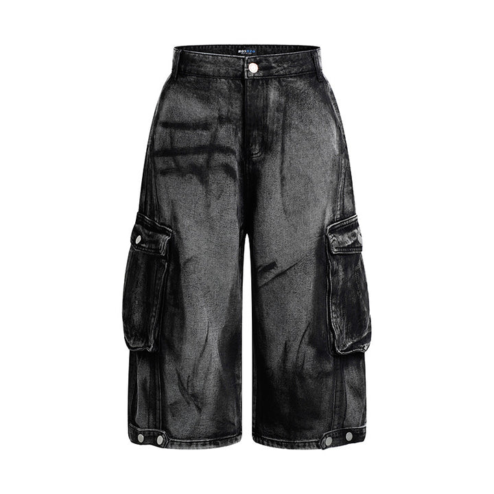 Damen High-Waist Denim-Cargo-Culotte mit weiten Beinen und aufgesetzten Taschen Echoarchiv
