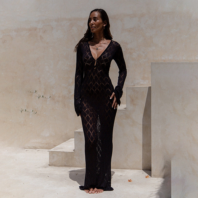 Damen gehäkeltes Maxi-Kleid mit tiefem V-Ausschnitt und weitem Ärmel Echo Archiv