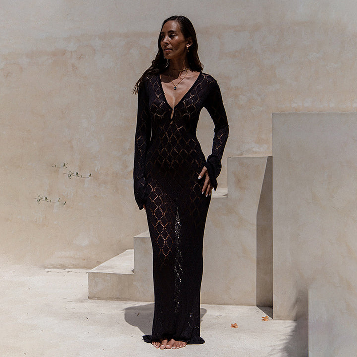 Damen gehäkeltes Maxi-Kleid mit tiefem V-Ausschnitt und weitem Ärmel Echo Archiv