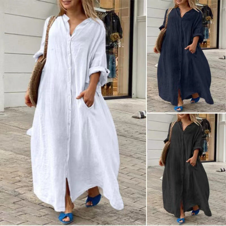 Echoarchiv | Einreiher Baumwoll-Leinen Plus Size Langkleid