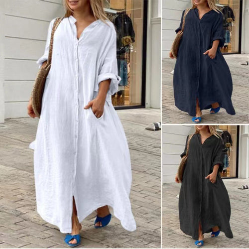 Echoarchiv | Einreiher Baumwoll-Leinen Plus Size Langkleid
