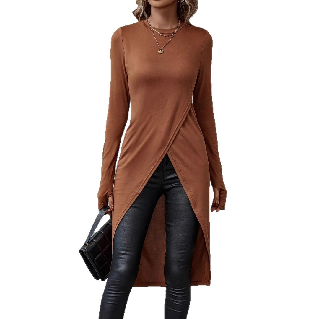 Damen Langes asymmetrisches Wickel-Tunika-Top mit Frontschlitz – Avérine