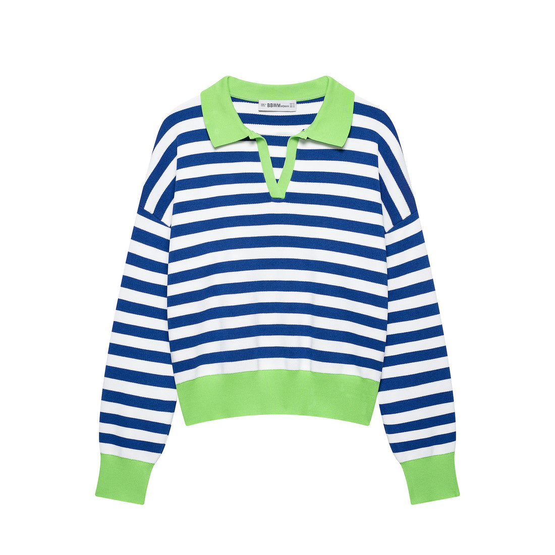 Damen Gestreifter Polo‑Pullover mit V‑Ausschnitt, weitem Rumpf und kontrastierenden Bündchen Echoarchiv