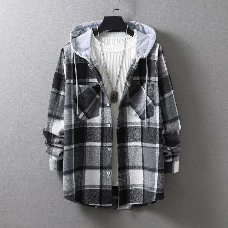 Herren lässige Karojacke mit Kapuze und funktionalen Taschen Echoarchiv