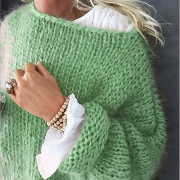 Damen Kurzgeschnitteter flauschiger Grobstrickpullover mit überschnittener Schulter – Mavelle