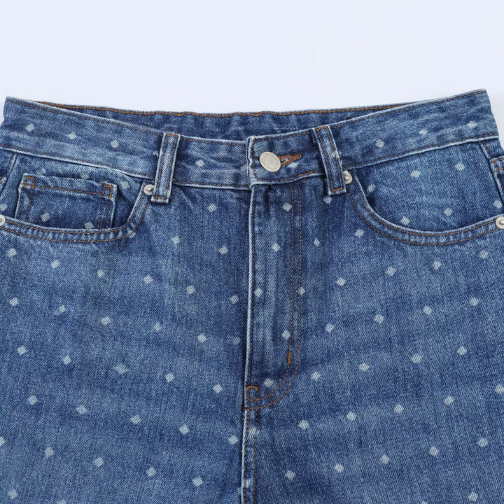 Damen High‑Waist Mom‑Jeans mit tapered Bein und dezentem Punkte‑Print Echoarchiv