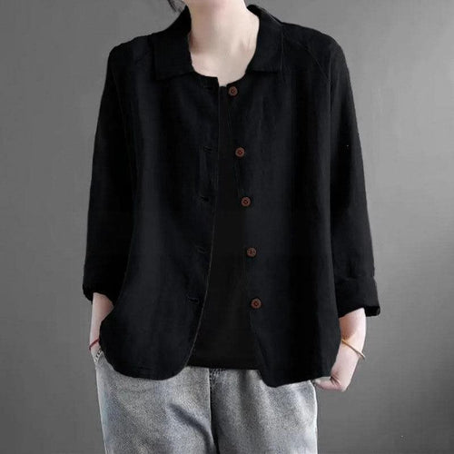 Damen Oversized Leinen-Hemdjacke mit Hemdkragen, 3/4-Ärmeln und durchgehender Knopfleiste Echo Archiv
