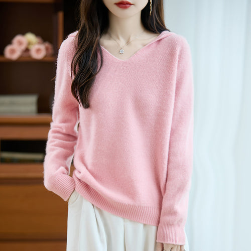 Damen Weicher Mohair‑Optik Kapuzenpullover mit V‑Ausschnitt und geripptem Saum Echoarchiv
