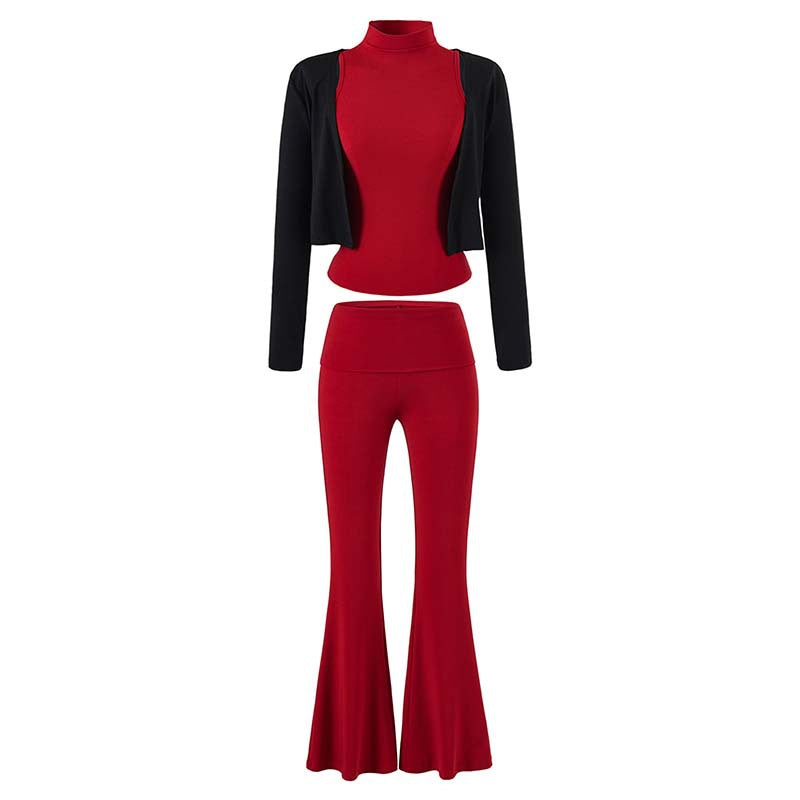 Damen Loungewear-Set mit Bolero, Rollkragen-Croptop und ausgestellter Schlaghose Echoarchiv