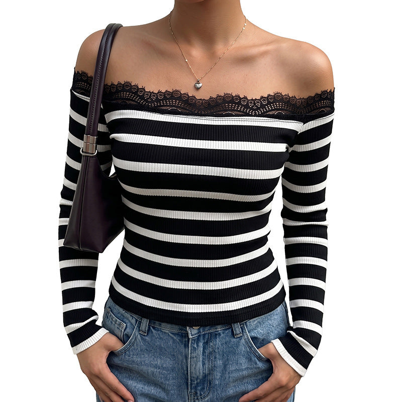 Damen Off-Shoulder Streifenoberteil mit Spitzenrand Echo Archiv