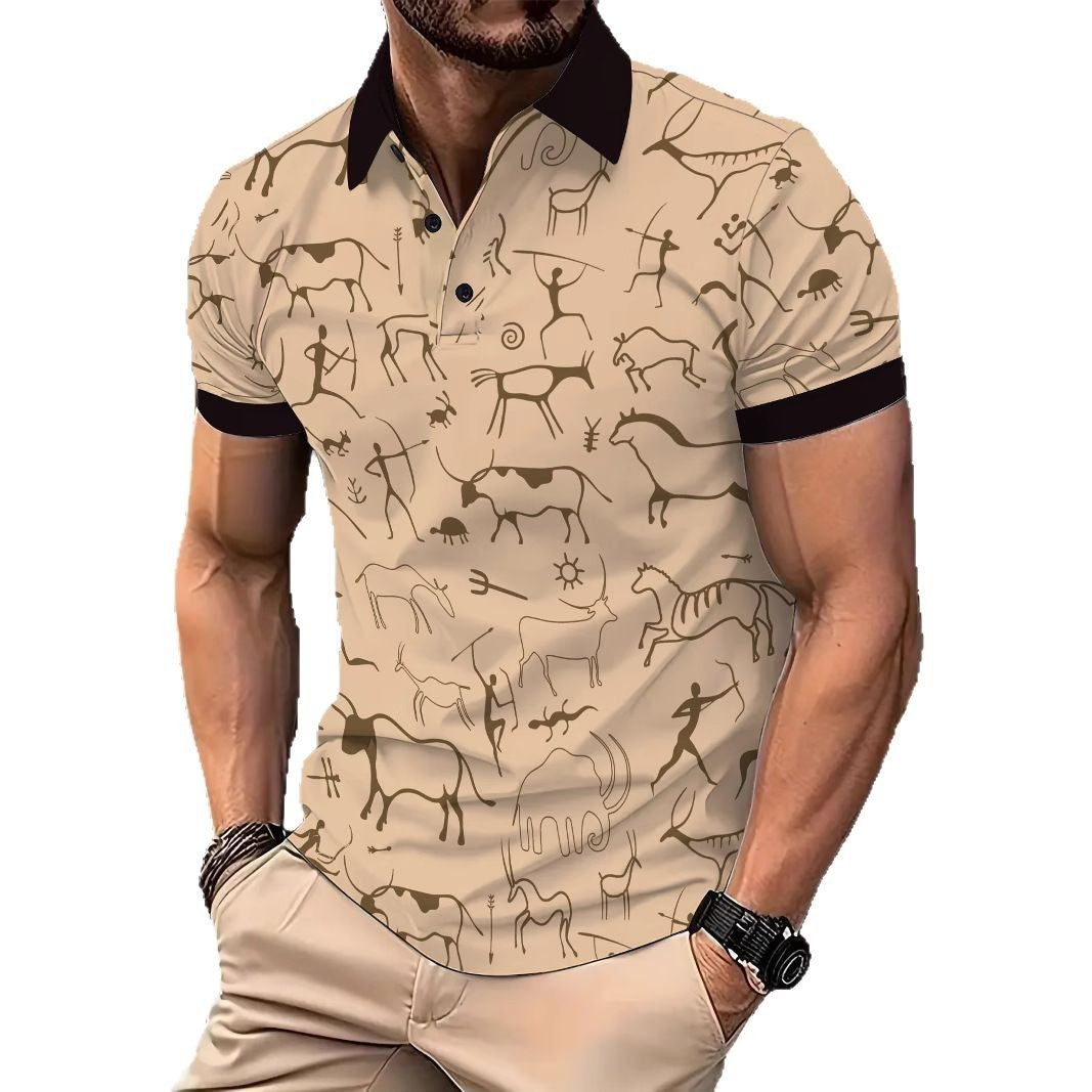Herren Sportliches Polohemd mit einzigartigem Höhlenmalerei-Design Echoarchiv