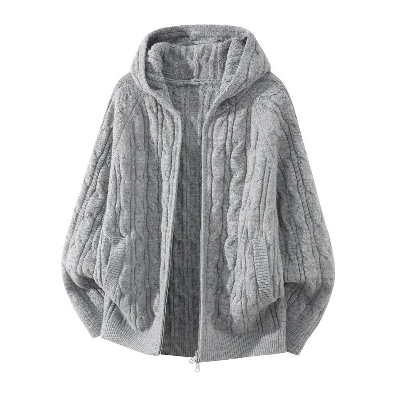 Damen Oversize Zopfstrick-Kapuzencardigan mit durchgehendem Reißverschluss und Ballonärmeln Echoarchiv