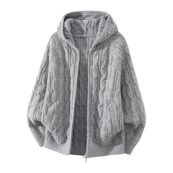 Damen Oversize Zopfstrick-Kapuzencardigan mit durchgehendem Reißverschluss und Ballonärmeln Echoarchiv