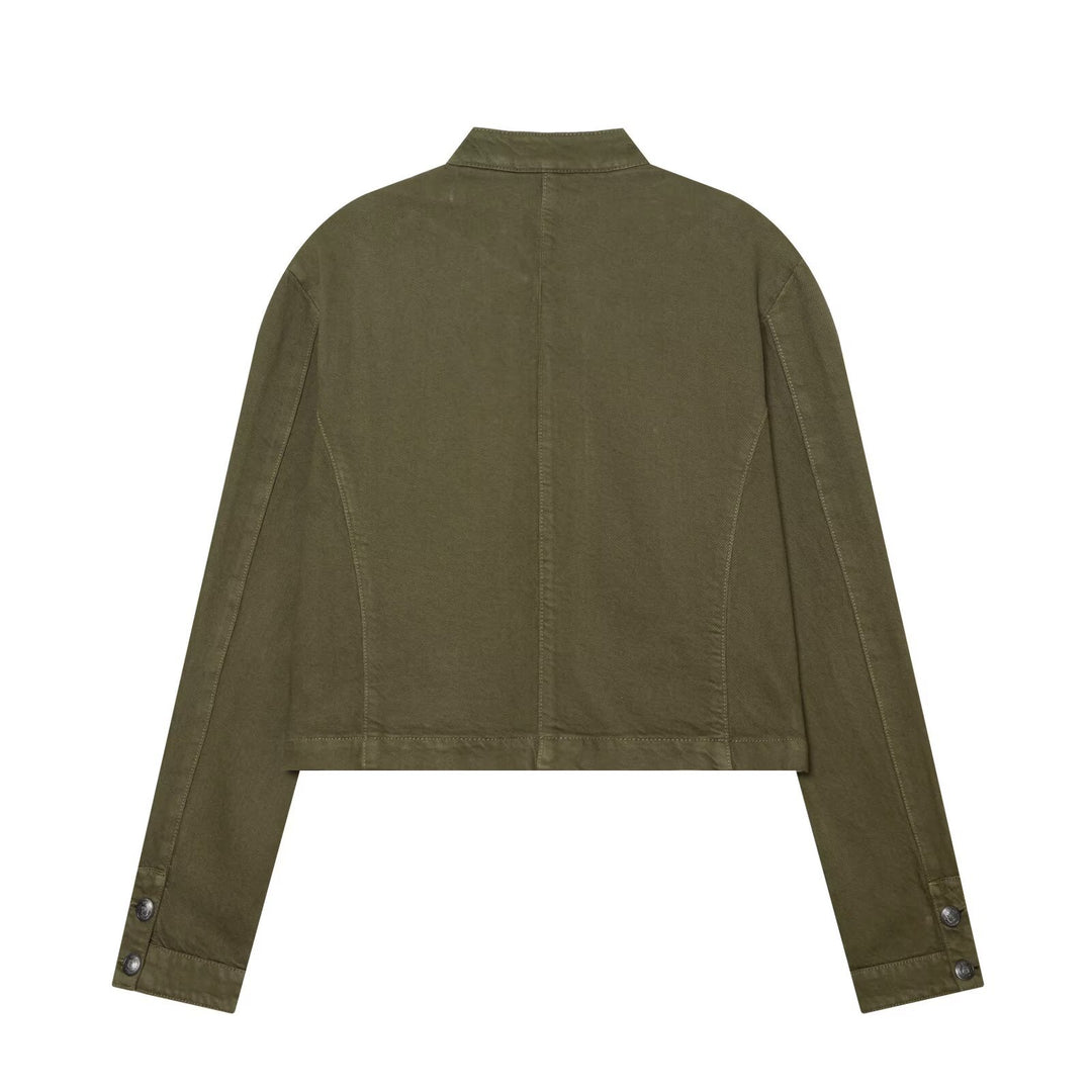 Damen Kurze Military-inspirierte Jacke mit Stehkragen, Zierknopfleisten und durchgehendem Reißverschluss Echoarchiv