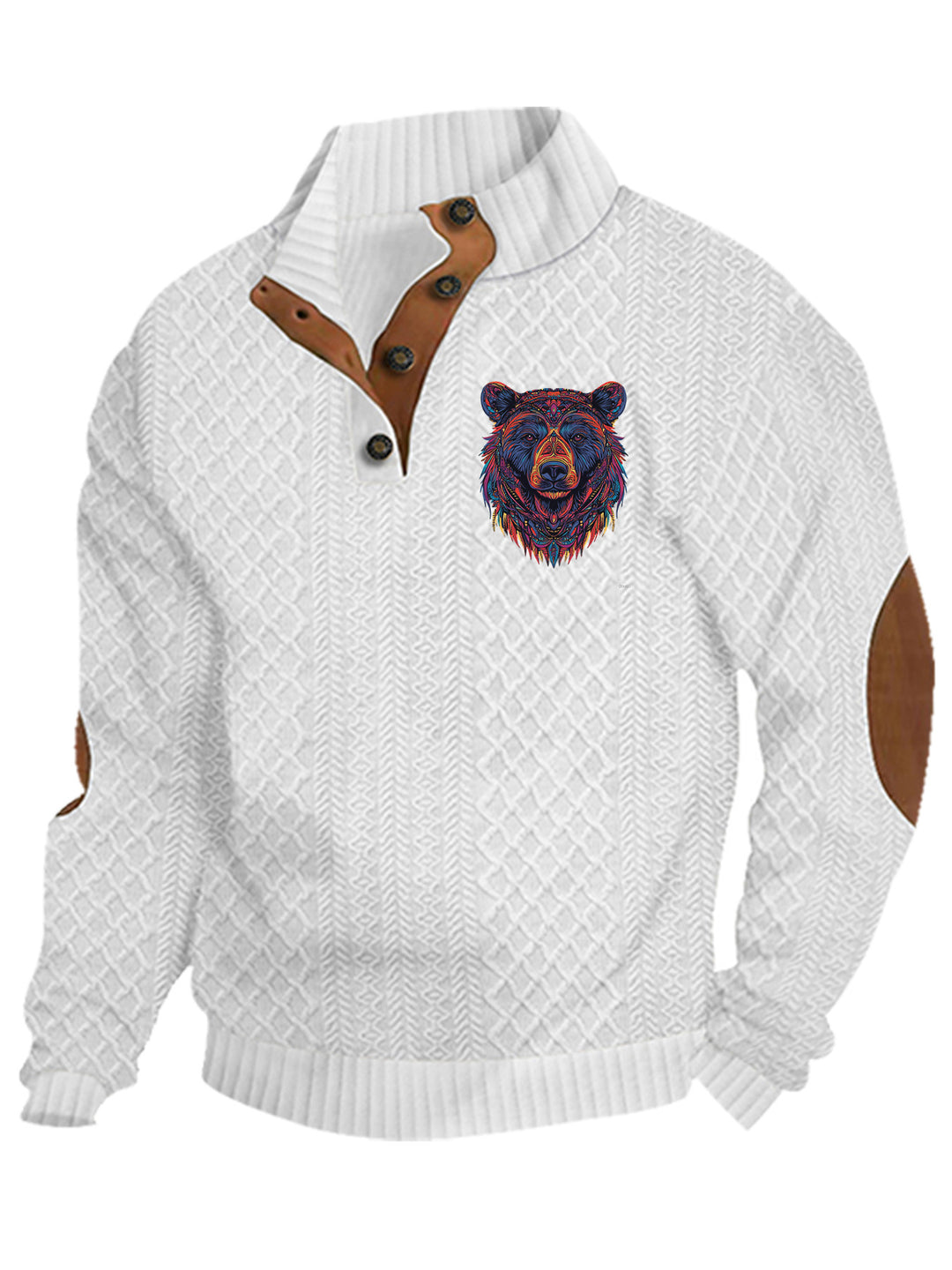 Herren nan Heritage-Strukturpullover mit Stehkragen Lederimitat-Besatz Ellenbogen-Patches und Halbknopfleiste Echo Archiv