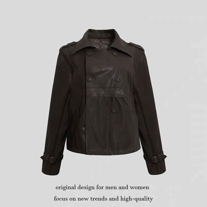 Damen Cropped Doppelreihige Lederjacke im Trenchstil mit Schulterklappen Echoarchiv