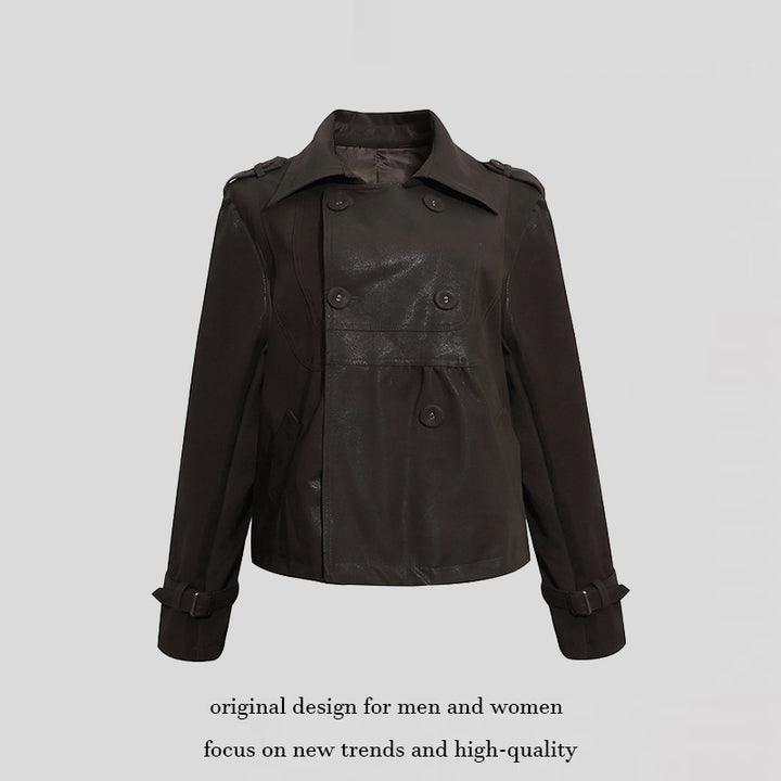 Damen Cropped Doppelreihige Lederjacke im Trenchstil mit Schulterklappen Echoarchiv