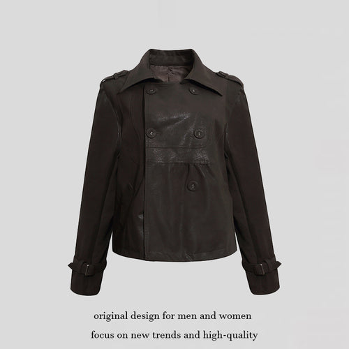 Damen Cropped Doppelreihige Lederjacke im Trenchstil mit Schulterklappen Echoarchiv