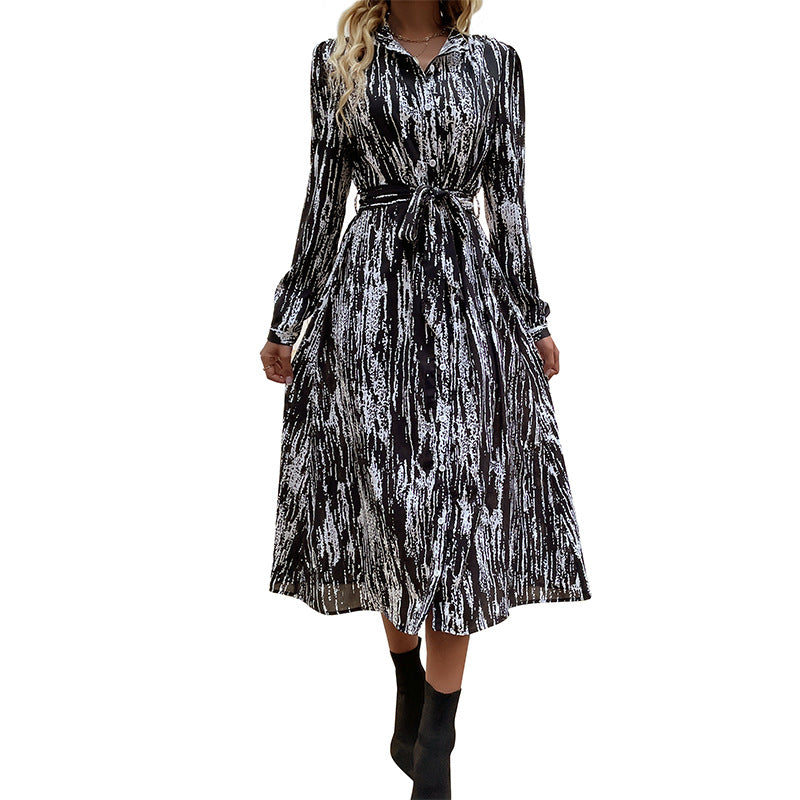 Damen Hemdblusen‑Midikleid mit Bindegürtel, durchgehender Knopfleiste und abstraktem Pinselprint Echoarchiv