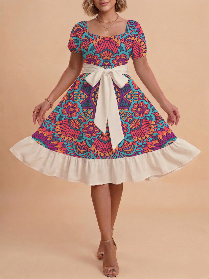 Damen A-Linien-Kleid mit floralen Motiven und taillierbarem Gürtel Echo Archiv