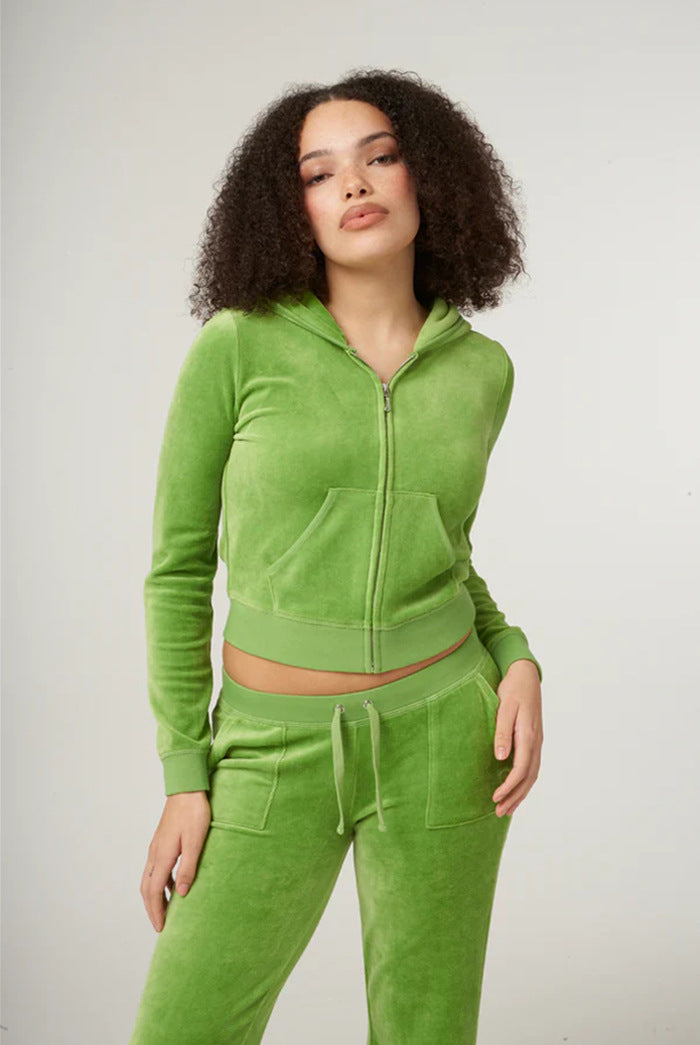 Damen Samtvelours Cropped-Zipjacke mit Kängurutasche und hochgeschnittener Bündchenhose – Auréline