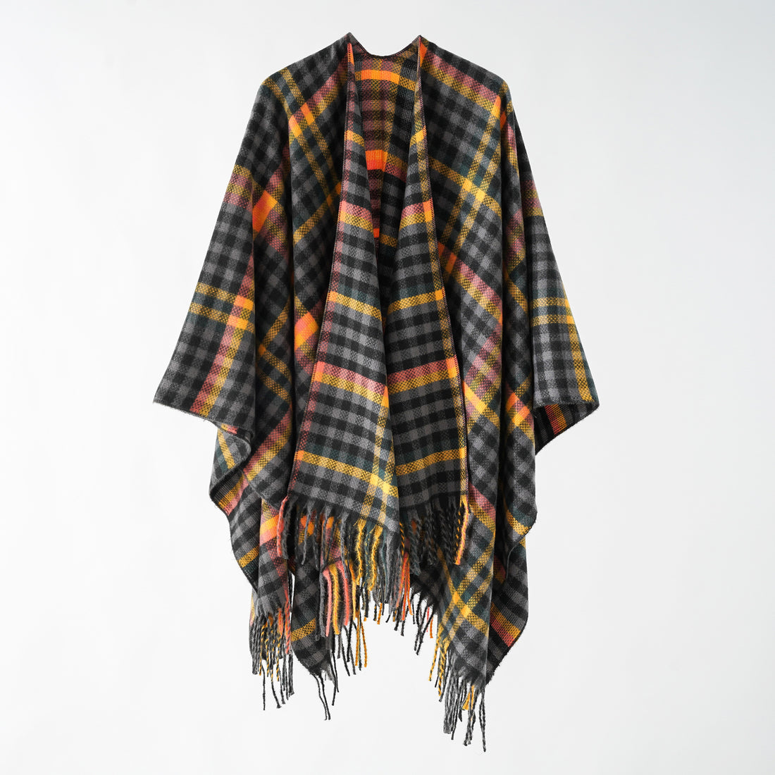 Damen Karierter Wollmix Poncho mit Fransen und offenem Oversize Fall – Célinea
