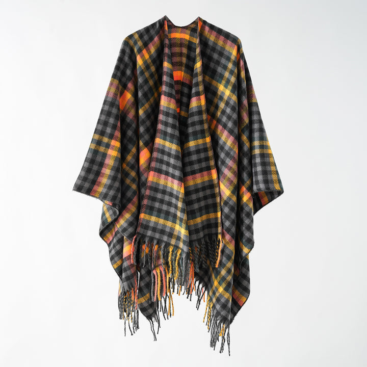 Damen Karierter Wollmix Poncho mit Fransen und offenem Oversize Fall Echo Archiv
