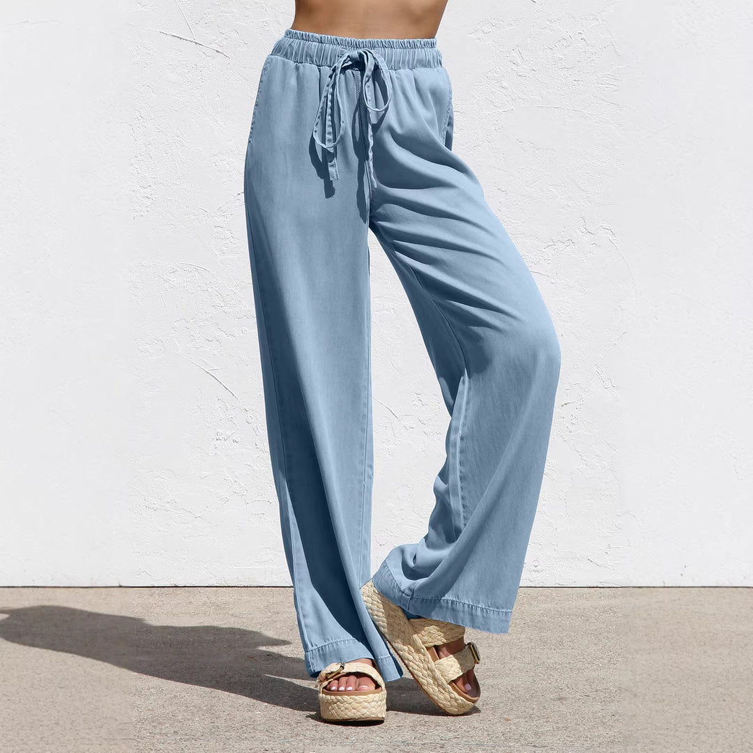 Damen nan weite Leinen-Optik Sommerhose mit elastischem Bund, Kordelzug und Seitentaschen Echo Archiv
