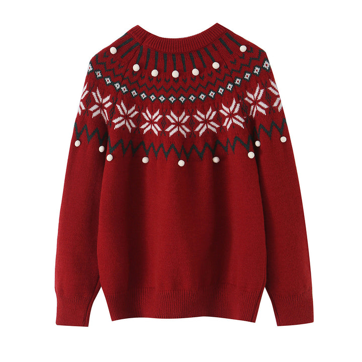 Damen nan Norwegerpullover mit Rundhalsausschnitt, jacquardgestricktem Muster und dekorativen Bommelapplikationen Echo Archiv