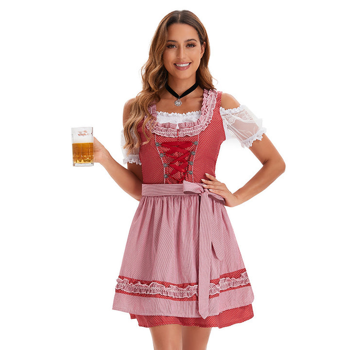Damen nan kurzes traditionelles Dirndlkleid mit Korsett-Schnürung Spitzendetails und bindbarer Schürze Echo Archiv
