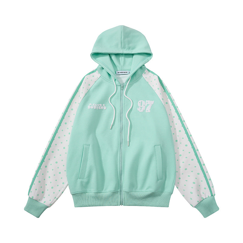 Damen Kapuzen‑Sweatjacke mit durchgehendem Reißverschluss, Raglanärmeln und Polka‑Dot‑Einsätzen Echoarchiv