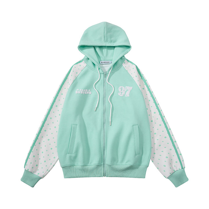 Damen Kapuzen‑Sweatjacke mit durchgehendem Reißverschluss, Raglanärmeln und Polka‑Dot‑Einsätzen Echoarchiv