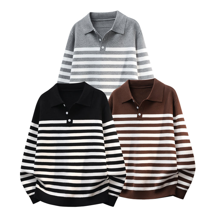 Herren Gestreifter Oversize Polo Strickpullover mit Halbknopfblende und gerippten Abschlüssen Echoarchiv