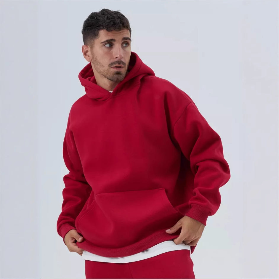 Herren schwerer Fleece-Boxy-Hoodie mit tiefem Schulterfall verstärkter Kapuze und Kängurutasche – Cavarno