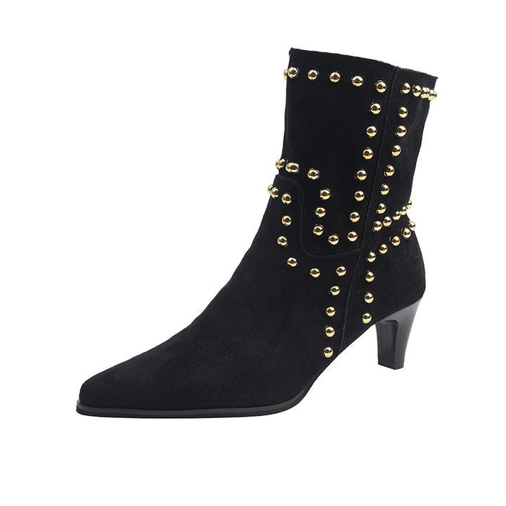 Damen spitze Velours‑Optik Stiefelette mit Nietenbesatz und niedrigem Pfennigabsatz Echo Archiv