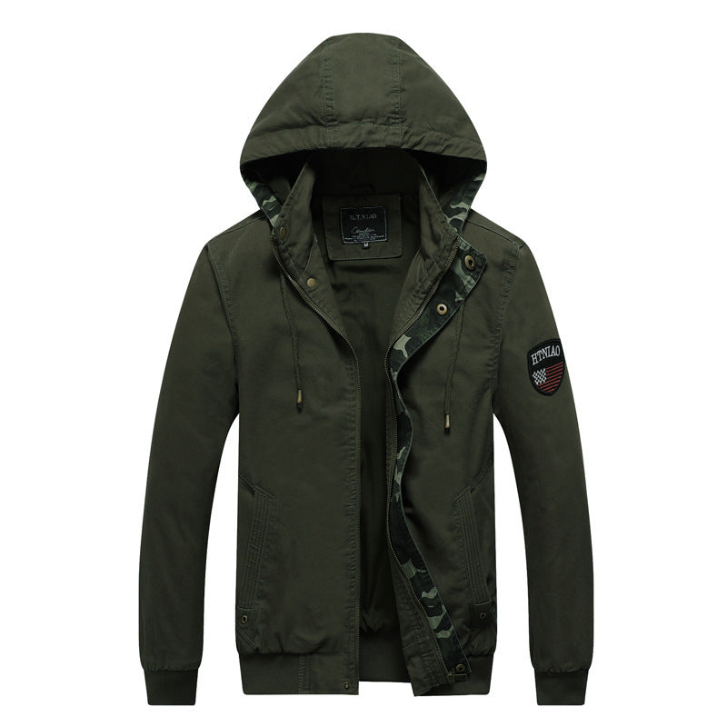 Herren Kapuzen-Canvasjacke im Military-Utility-Stil mit Camouflagemanschette und Rippbündchen Echoarchiv