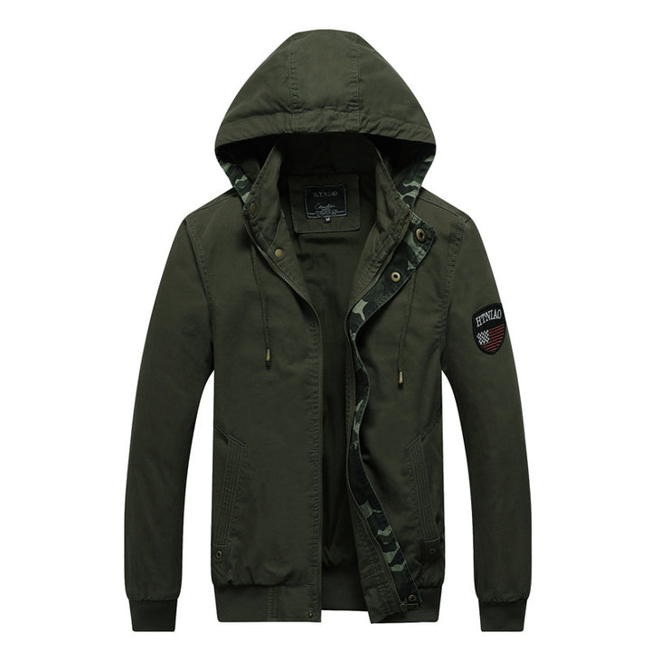 Herren Kapuzen-Canvasjacke im Military-Utility-Stil mit Camouflagemanschette und Rippbündchen Echoarchiv
