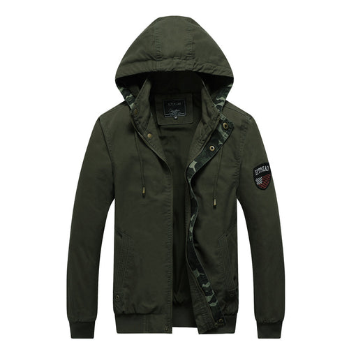 Herren Kapuzen-Canvasjacke im Military-Utility-Stil mit Camouflagemanschette und Rippbündchen Echoarchiv
