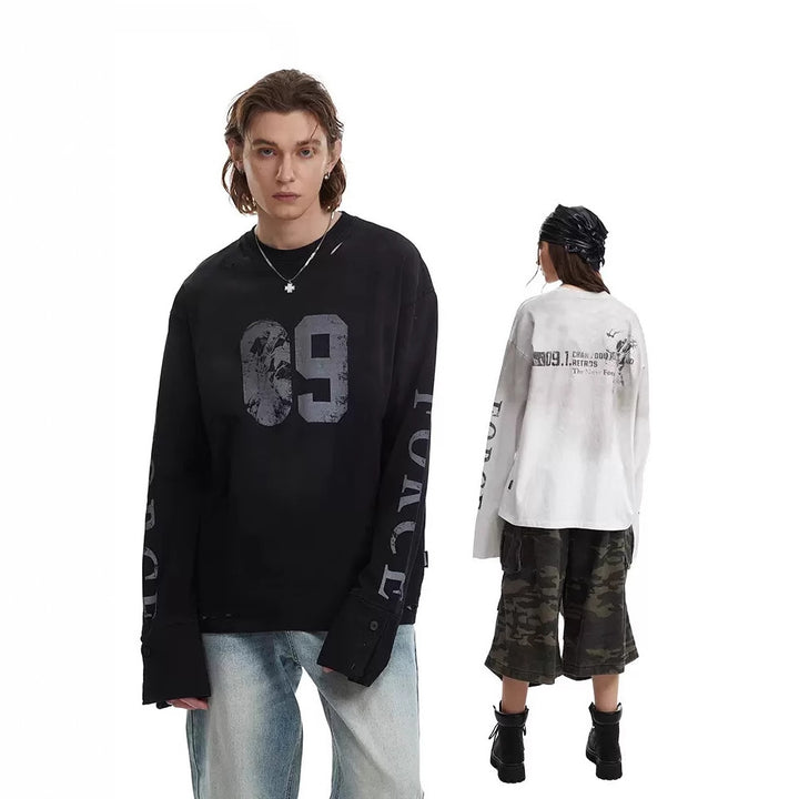 Herren Oversize-Longsleeve-Sweatshirt mit Print, verlängerten Manschetten und Used-Details Echoarchiv
