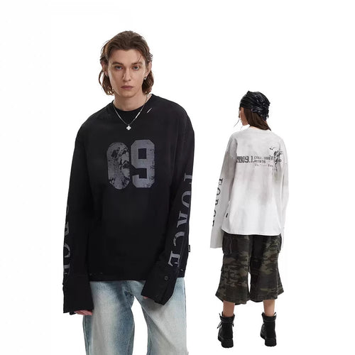 Herren Oversize-Longsleeve-Sweatshirt mit Print, verlängerten Manschetten und Used-Details Echoarchiv