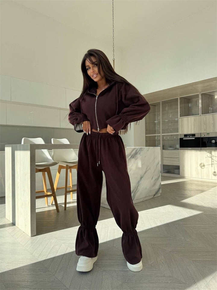 Damen Cropped-Kapuzenjacke mit Reißverschluss und taillierter Tunnelzug-Jogginghose – Auréline