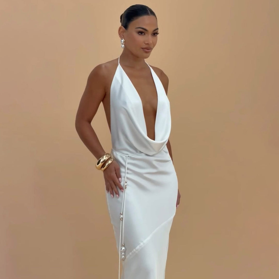 Damen Elegantes Wickelkleid mit schickem Wasserfall-Ausschnitt und perlenverziertem Detail Echo Archiv
