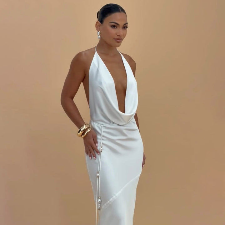 Damen Elegantes Wickelkleid mit schickem Wasserfall-Ausschnitt und perlenverziertem Detail Echo Archiv