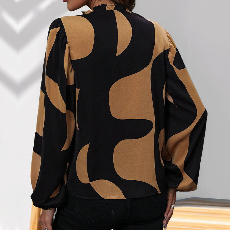 Damen Gemusterte V‑Neck Bluse mit Ballonärmeln und lockerem Fall Echoarchiv