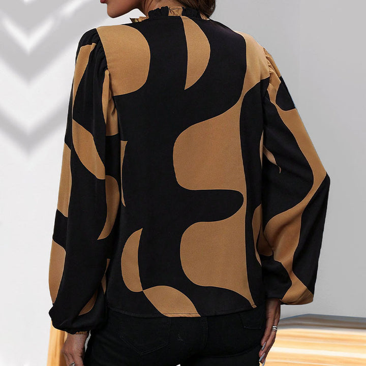 Damen Gemusterte V‑Neck Bluse mit Ballonärmeln und lockerem Fall Echoarchiv