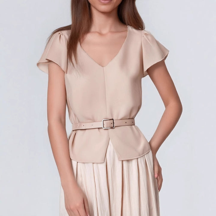 Damen Blusenshirt mit Taillengürtel und elegantem V-Ausschnitt Echo Archiv