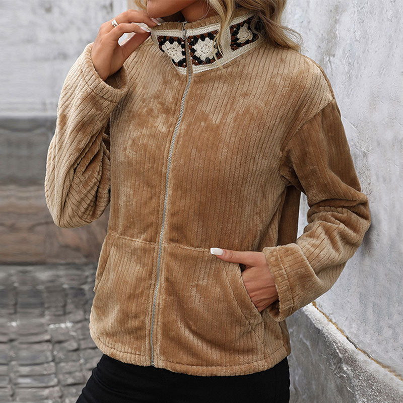 Damen Plüsch-Cordjacke mit Stehkragen, Reißverschluss & Kängurutaschen Echoarchiv