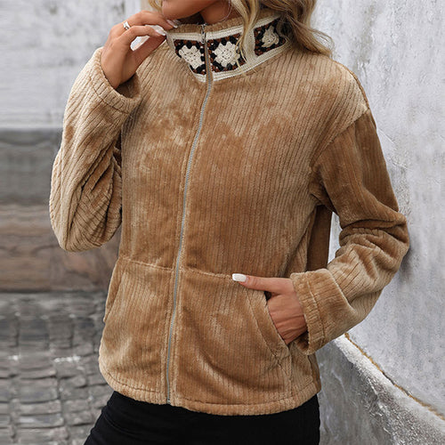Damen Plüsch-Cordjacke mit Stehkragen, Reißverschluss & Kängurutaschen Echoarchiv