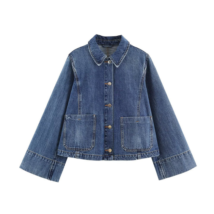Damen Boxy Jeansjacke mit weiten Ärmeln, aufgesetzten Pattentaschen und Druckknopfverschluss Echo Archiv