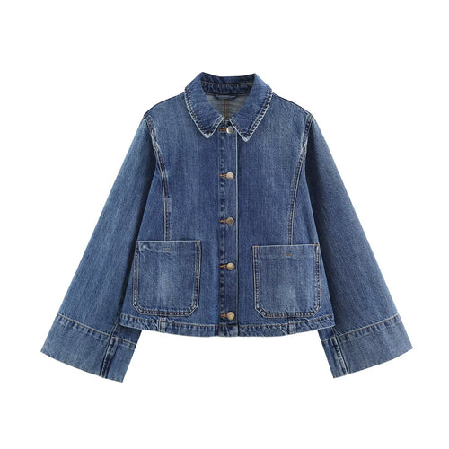 Damen Boxy Jeansjacke mit weiten Ärmeln, aufgesetzten Pattentaschen und Druckknopfverschluss Echo Archiv